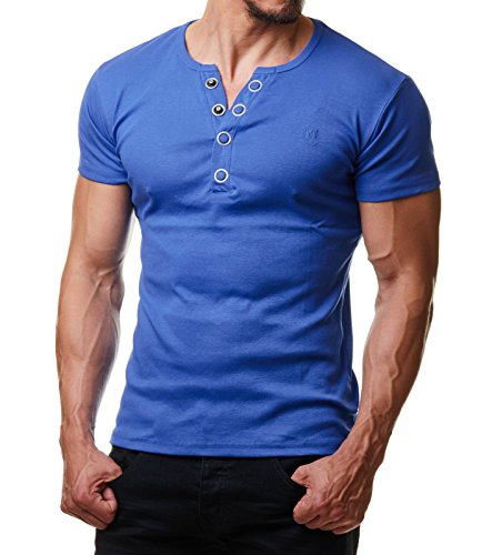 Young & Rich Herren T-Shirt Rundhals Knopfleiste Body Fit Schwarz Weiß Rot YR-1872, Größe:L, Farbe:Blau von Young&Rich