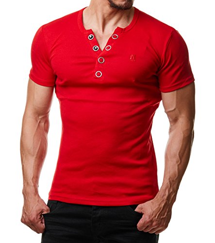 Young & Rich Herren T-Shirt Rundhals Knopfleiste Body Fit Schwarz Weiß Rot YR 1872, Größe:L, Farbe:Rot von Young&Rich