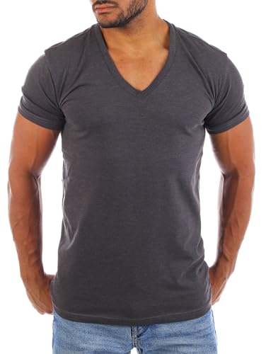 Young & Rich Herren Uni Basic Kurzarm T-Shirt mit tiefem V-Ausschnitt deep V-Neck einfarbig Slimfit 1875, Grösse:S, Farbe:Dunkelgrau von Young & Rich