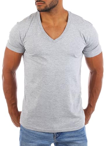 Young & Rich Herren Uni Basic Kurzarm T-Shirt mit tiefem V-Ausschnitt deep V-Neck einfarbig Slimfit 1875, Grösse:S, Farbe:Grau von Young & Rich