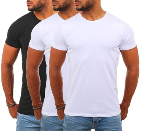 Young & Rich Herren Uni Basic T-Shirt mit Rundhals Ausschnitt einfarbig Stretch körperbetonte Dehnbare Passform 1701, Grösse:3XL, Farbe:2X Weiß / 1x Schwarz (3er Pack) von Young & Rich