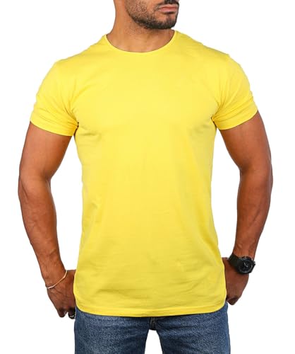 Young & Rich Herren Uni Basic T-Shirt mit Rundhals Ausschnitt einfarbig Stretch körperbetonte Dehnbare Passform 1701, Grösse:3XL, Farbe:Gelb von Young & Rich