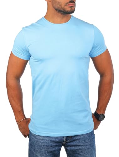 Young & Rich Herren Uni Basic T-Shirt mit Rundhals Ausschnitt einfarbig Stretch körperbetonte Dehnbare Passform 1701, Grösse:3XL, Farbe:Hellblau von Young & Rich