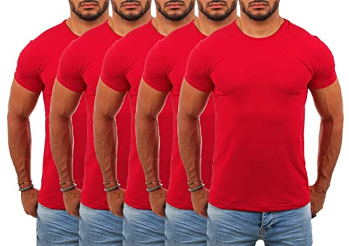 Young&Rich Herren Uni Basic T-Shirt mit Rundhals Ausschnitt einfarbig Stretch körperbetonte Dehnbare Passform 1701, Grösse:3XL, Farbe:Rot - 5 Stück von Young & Rich