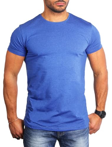 Young & Rich Herren Uni Basic T-Shirt mit Rundhals Ausschnitt einfarbig Stretch körperbetonte Dehnbare Passform 1701, Grösse:3XL, Farbe:blau-Melange von Young & Rich