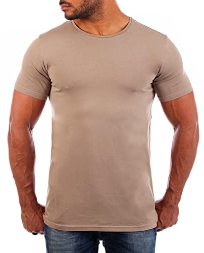 Young & Rich Herren Uni Basic T-Shirt mit Rundhals Ausschnitt einfarbig Stretch körperbetonte Dehnbare Passform 1701, Grösse:L, Farbe:Hellbraun von Young & Rich