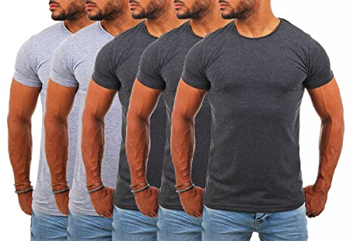 Young&Rich Herren Uni Basic T-Shirt mit Rundhals Ausschnitt einfarbig Stretch körperbetonte Dehnbare Passform 1701, Grösse:M, Farbe:3X Dunkelgrau Melange / 2X Grau Melange (5er Pack) von Young & Rich