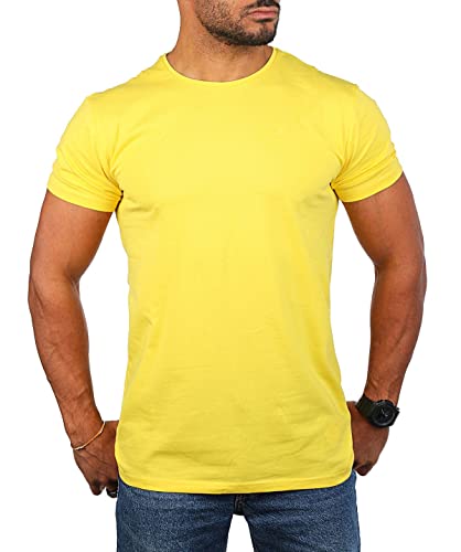 Young & Rich Herren Uni Basic T-Shirt mit Rundhals Ausschnitt einfarbig Stretch körperbetonte Dehnbare Passform 1701, Grösse:S, Farbe:Gelb von Young & Rich