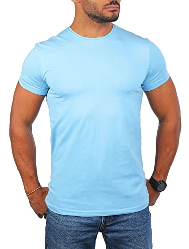 Young & Rich Herren Uni Basic T-Shirt mit Rundhals Ausschnitt einfarbig Stretch körperbetonte Dehnbare Passform 1701, Grösse:S, Farbe:Hellblau von Young & Rich