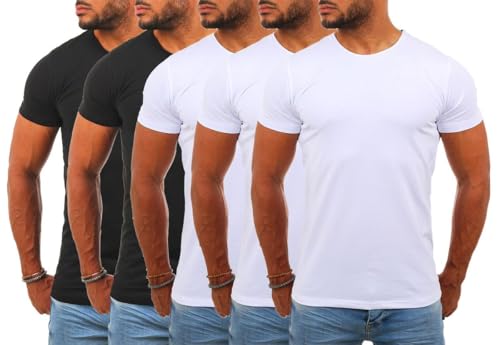 Young & Rich Herren Uni Basic T-Shirt mit Rundhals Ausschnitt einfarbig Stretch körperbetonte Dehnbare Passform 1701, Grösse:XL, Farbe:3X Weiß / 2X Schwarz (5er Pack) von Young & Rich
