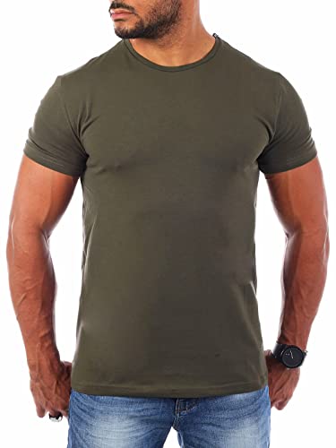 Young & Rich Herren Uni Basic T-Shirt mit Rundhals Ausschnitt einfarbig Stretch körperbetonte Dehnbare Passform 1701, Grösse:XXL, Farbe:Militär-Grün von Young & Rich