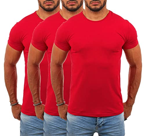 Young & Rich Herren Uni Basic T-Shirt mit Rundhals Ausschnitt einfarbig Stretch körperbetonte Dehnbare Passform 1701, Grösse:XXL, Farbe:Rot - 3 Stück von Young & Rich