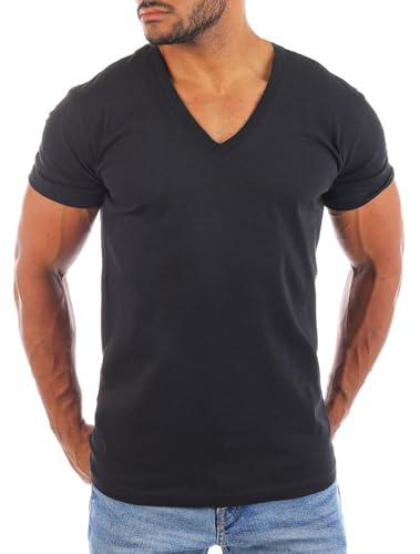 Young & Rich Herren Uni Basic Kurzarm T-Shirt mit tiefem V-Ausschnitt deep V-Neck einfarbig Slimfit 1875, Grösse:M, Farbe:Schwarz von Young & Rich