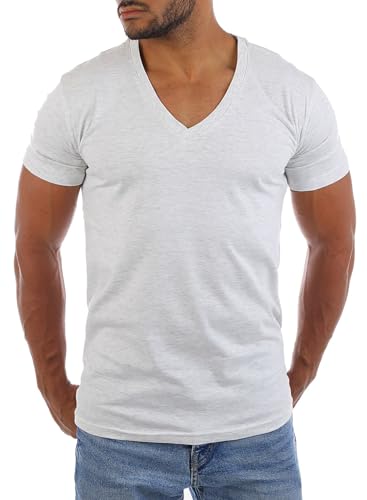 Young & Rich Herren Uni Basic Kurzarm T-Shirt mit tiefem V-Ausschnitt deep V-Neck einfarbig Slimfit 1875, Grösse:S, Farbe:Hellgrau von Young & Rich