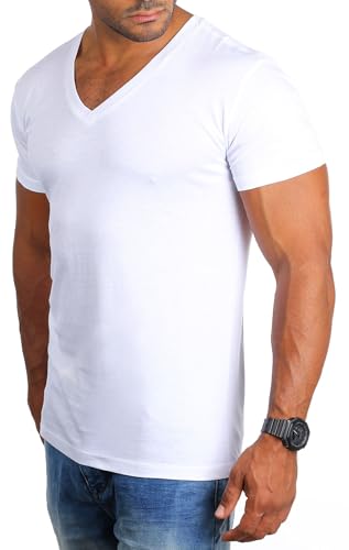 Young & Rich Herren Uni Basic Kurzarm T-Shirt mit tiefem V-Ausschnitt deep V-Neck einfarbig Slimfit 1875, Grösse:S, Farbe:Weiß von Young & Rich