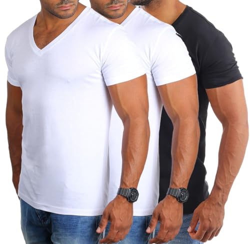 Young & Rich Herren Uni Basic Kurzarm T-Shirt mit tiefem V-Ausschnitt deep V-Neck einfarbig Slimfit 1875, Grösse:S, Farbe:2X Weiß / 1x Schwarz (3er Pack) von Young & Rich