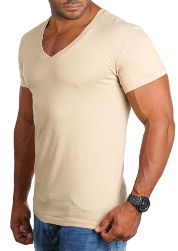 Young & Rich Herren Uni Basic Kurzarm T-Shirt mit tiefem V-Ausschnitt deep V-Neck einfarbig Slimfit 1875, Grösse:XL, Farbe:Beige von Young & Rich