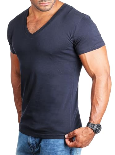 Young & Rich Herren Uni Basic Kurzarm T-Shirt mit tiefem V-Ausschnitt deep V-Neck einfarbig Slimfit 1875, Grösse:L, Farbe:Dunkelblau von Young & Rich