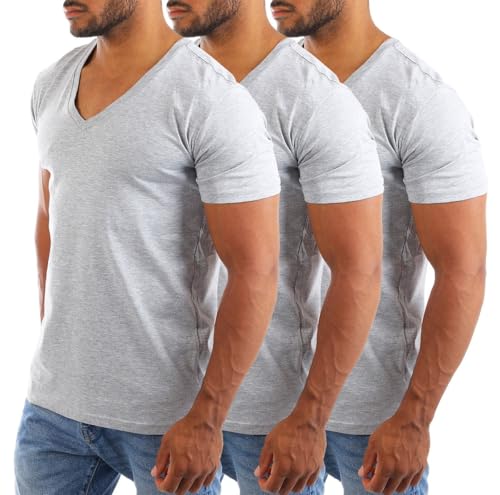 Young & Rich Herren Uni Basic Kurzarm T-Shirt mit tiefem V-Ausschnitt deep V-Neck einfarbig Slimfit 1875, Grösse:XXL, Farbe:Grau Melange (3er Pack) von Young & Rich