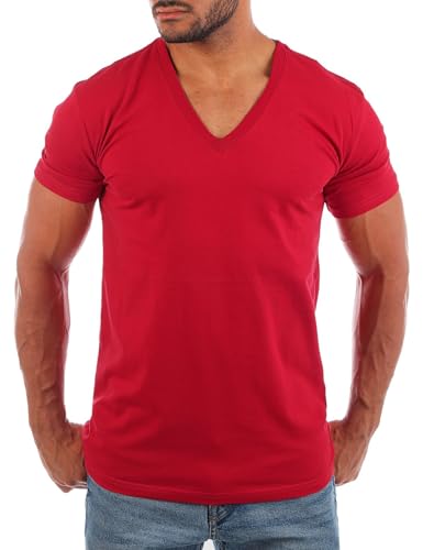 Young & Rich Herren Uni Basic Kurzarm T-Shirt mit tiefem V-Ausschnitt deep V-Neck einfarbig Slimfit 1875, Grösse:XXL, Farbe:Rot von Young & Rich