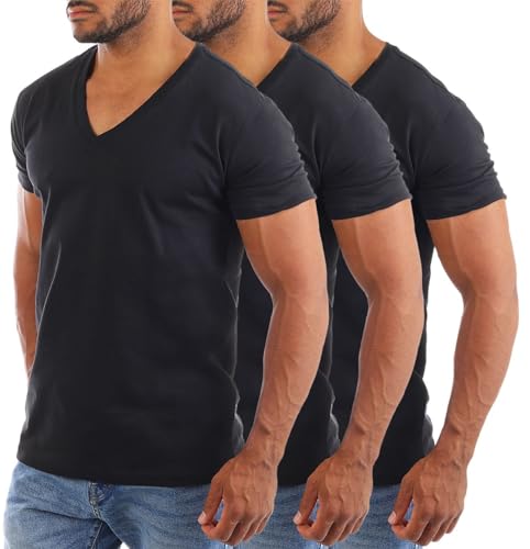 Young & Rich Herren Uni Basic Kurzarm T-Shirt mit tiefem V-Ausschnitt deep V-Neck einfarbig Slimfit 1875, Grösse:S, Farbe:Schwarz (3er Pack) von Young & Rich