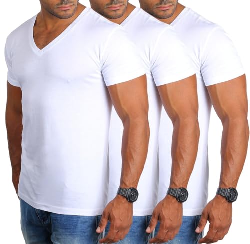 Young & Rich Herren Uni Basic Kurzarm T-Shirt mit tiefem V-Ausschnitt deep V-Neck einfarbig Slimfit 1875, Grösse:S, Farbe:Weiß (3er Pack) von Young & Rich