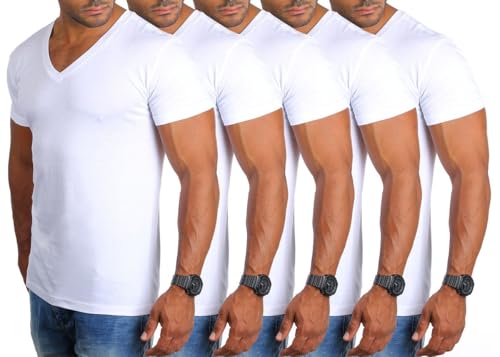 Young & Rich Herren Uni Basic Kurzarm T-Shirt mit tiefem V-Ausschnitt deep V-Neck einfarbig Slimfit 1875, Grösse:3XL, Farbe:Weiß (5er Pack) von Young & Rich