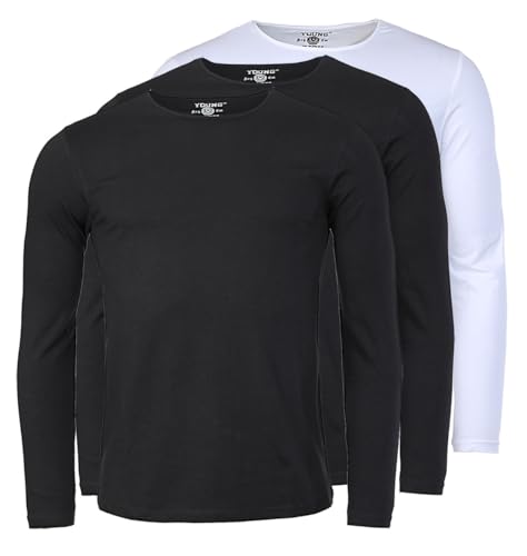 Young & Rich Herren Uni Longsleeve Basic Langarm T-Shirt Rundhals-Ausschnitt Slimfit mit Stretchanteilen (3er/5er Pack), Grösse:L, Farbe:2X Schwarz / 1x Weiß (3er Pack) von Young & Rich
