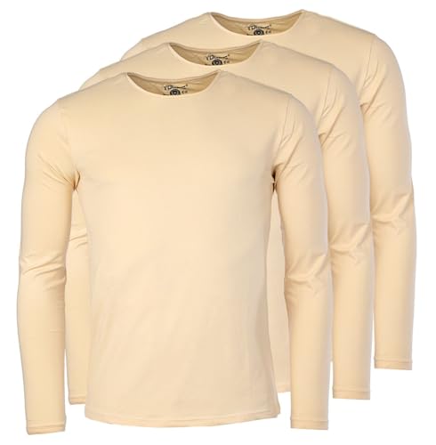 Young & Rich Herren Uni Longsleeve Basic Langarm T-Shirt Rundhals-Ausschnitt Slimfit mit Stretchanteilen (3er/5er Pack), Grösse:L, Farbe:Beige (3er Pack) von Young & Rich