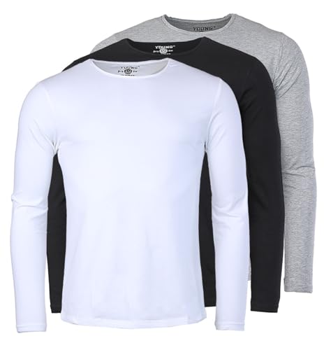 Young & Rich Herren Uni Longsleeve Basic Langarm T-Shirt Rundhals-Ausschnitt Slimfit mit Stretchanteilen (3er/5er Pack), Grösse:L, Farbe:Weiß/Schwarz/Grau Melange (3er Pack) von Young & Rich