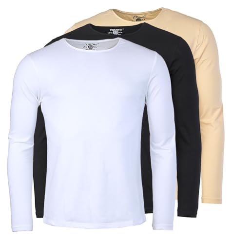 Young & Rich Herren Uni Longsleeve Basic Langarm T-Shirt Rundhals-Ausschnitt Slimfit mit Stretchanteilen (3er/5er Pack), Grösse:M, Farbe:Weiß/Schwarz/Beige (3er Pack) von Young & Rich