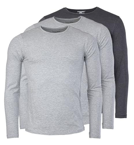 Young & Rich Herren Uni Longsleeve Basic Langarm T-Shirt Rundhals-Ausschnitt Slimfit mit Stretchanteilen (3er/5er Pack), Grösse:S, Farbe:2X Grau Melange / 1x Dunkelgrau Melange (3er Pack) von Young & Rich