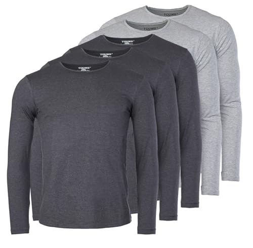 Young & Rich Herren Uni Longsleeve Basic Langarm T-Shirt Rundhals-Ausschnitt Slimfit mit Stretchanteilen (3er/5er Pack), Grösse:S, Farbe:3X Dunkelgrau Melange / 2X Grau Melange (5er Pack) von Young & Rich