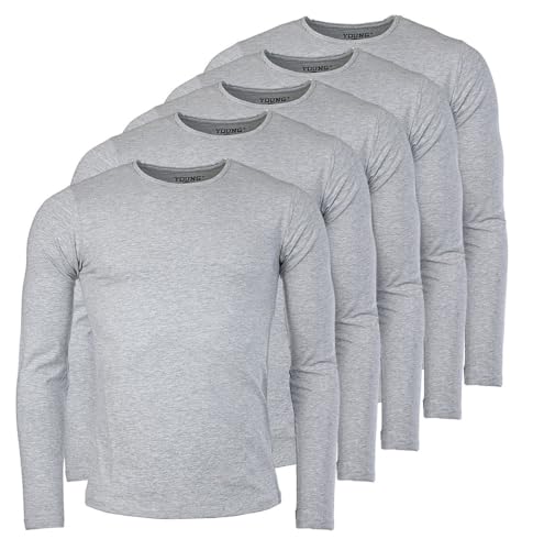 Young & Rich Herren Uni Longsleeve Basic Langarm T-Shirt Rundhals-Ausschnitt Slimfit mit Stretchanteilen (3er/5er Pack), Grösse:XL, Farbe:Grau Melange (5er Pack) von Young & Rich
