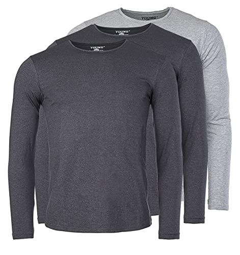 Young & Rich Herren Uni Longsleeve Basic Langarm T-Shirt Rundhals-Ausschnitt Slimfit mit Stretchanteilen (3er Pack), Grösse:L, Farbe:2X Dunkelgrau Melange / 1x Grau Melange (3er Pack) von Young&Rich