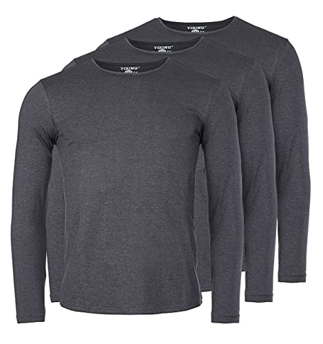 Young & Rich Herren Uni Longsleeve Basic Langarm T-Shirt Rundhals-Ausschnitt Slimfit mit Stretchanteilen (3er Pack), Grösse:L, Farbe:Dunkelgrau Melange (3er Pack) von Young&Rich