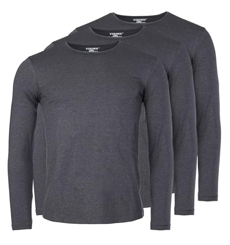 Young & Rich Herren Uni Longsleeve Basic Langarm T-Shirt Rundhals-Ausschnitt Slimfit mit Stretchanteilen (3er/5er Pack), Grösse:L, Farbe:Dunkelgrau Melange (3er Pack) von Young & Rich