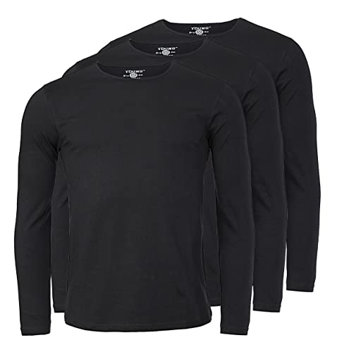 Young & Rich Herren Uni Longsleeve Basic Langarm T-Shirt Rundhals-Ausschnitt Slimfit mit Stretchanteilen (3er Pack), Grösse:L, Farbe:Schwarz (3er Pack) von Young&Rich