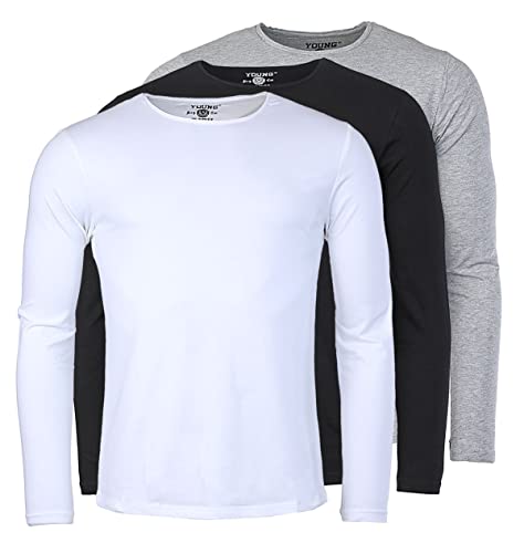 Young & Rich Herren Uni Longsleeve Basic Langarm T-Shirt Rundhals-Ausschnitt Slimfit mit Stretchanteilen (3er Pack), Grösse:L, Farbe:Weiß/Schwarz/Grau Melange (3er Pack) von Young&Rich