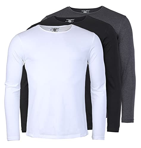 Young & Rich Herren Uni Longsleeve Basic Langarm T-Shirt Rundhals-Ausschnitt Slimfit mit Stretchanteilen (3er Pack), Grösse:M, Farbe:Weiß/Schwarz/Dunkelgrau Melange (3er Pack) von Young&Rich