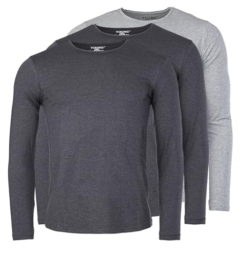 Young & Rich Herren Uni Longsleeve Basic Langarm T-Shirt Rundhals-Ausschnitt Slimfit mit Stretchanteilen (3er/5er Pack), Grösse:XXL, Farbe:2X Dunkelgrau Melange / 1x Grau Melange (3er Pack) von Young & Rich