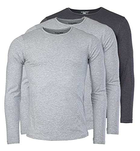 Young & Rich Herren Uni Longsleeve Basic Langarm T-Shirt Rundhals-Ausschnitt Slimfit mit Stretchanteilen (3er Pack), Grösse:XXL, Farbe:2X Grau Melange / 1x Dunkelgrau Melange (3er Pack) von Young&Rich