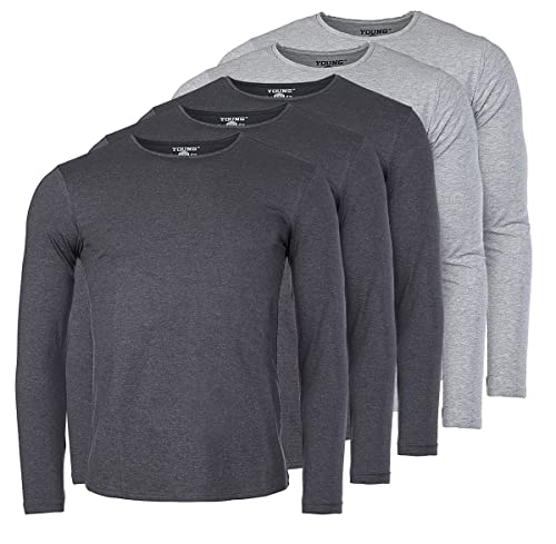 Young & Rich Herren Uni Longsleeve Basic Langarm T-Shirt Rundhals-Ausschnitt Slimfit mit Stretchanteilen (5er Pack), Grösse:L, Farbe:3X Dunkelgrau Melange / 2X Grau Melange (5er Pack) von Young&Rich