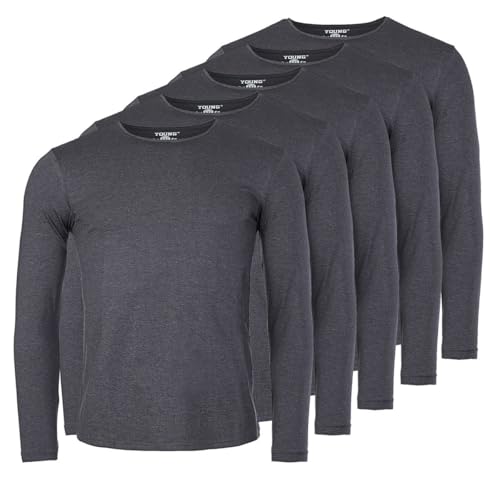 Young & Rich Herren Uni Longsleeve Basic Langarm T-Shirt Rundhals-Ausschnitt Slimfit mit Stretchanteilen (3er/5er Pack), Grösse:L, Farbe:Dunkelgrau Melange (5er Pack) von Young & Rich