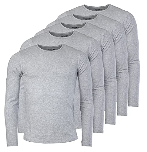 Young & Rich Herren Uni Longsleeve Basic Langarm T-Shirt Rundhals-Ausschnitt Slimfit mit Stretchanteilen (5er Pack), Grösse:M, Farbe:Grau Melange (5er Pack) von Young&Rich
