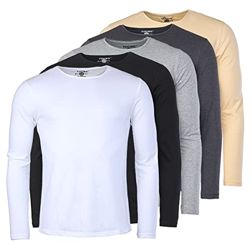 Young & Rich Herren Uni Longsleeve Basic Langarm T-Shirt Rundhals-Ausschnitt Slimfit mit Stretchanteilen (5er Pack), Grösse:M, Farbe:Weiß/Schwarz/Grau/Dunkelgrau/Beige (5er Pack) von Young&Rich