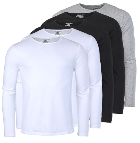 Young & Rich Herren Uni Longsleeve Basic Langarm T-Shirt Rundhals-Ausschnitt Slimfit mit Stretchanteilen (3er/5er Pack), Grösse:XXL, Farbe:2X Weiß / 2X Schwarz / 1x Grau (5er Pack) von Young & Rich