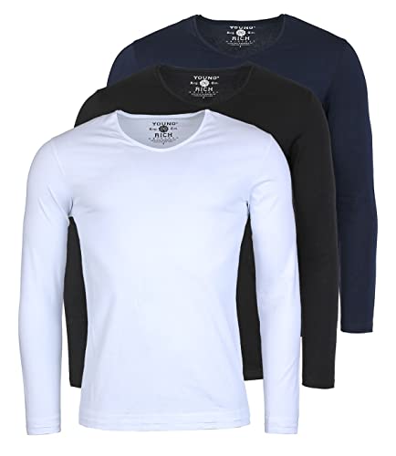 Young & Rich Herren Uni Longsleeve Basic Langarm T-Shirt V-Ausschnitt Slimfit mit Stretchanteilen (3er Pack), Grösse:3XL, Farbe:Weiß/Schwarz/Dunkelblau (3er Pack) von Young&Rich