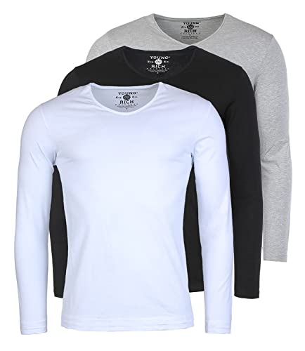 Young & Rich Herren Uni Longsleeve Basic Langarm T-Shirt V-Ausschnitt Slimfit mit Stretchanteilen (3er Pack), Grösse:3XL, Farbe:Weiß/Schwarz/Grau Melange (3er Pack) von Young&Rich