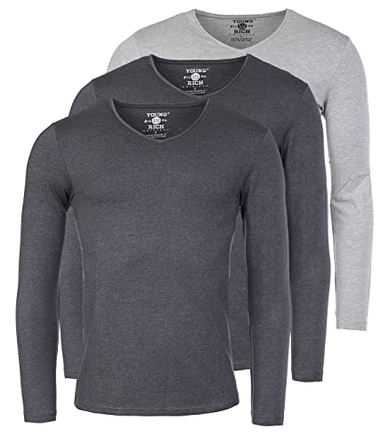 Young & Rich Herren Uni Longsleeve Basic Langarm T-Shirt V-Ausschnitt Slimfit mit Stretchanteilen (3er Pack), Grösse:L, Farbe:2X Dunkelgrau Melange / 1x Grau Melange (3er Pack) von Young&Rich